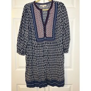 Loft Boho Leaf Puff Sleeve Tunic Dress Blue White Red Rayon Women's Size Large